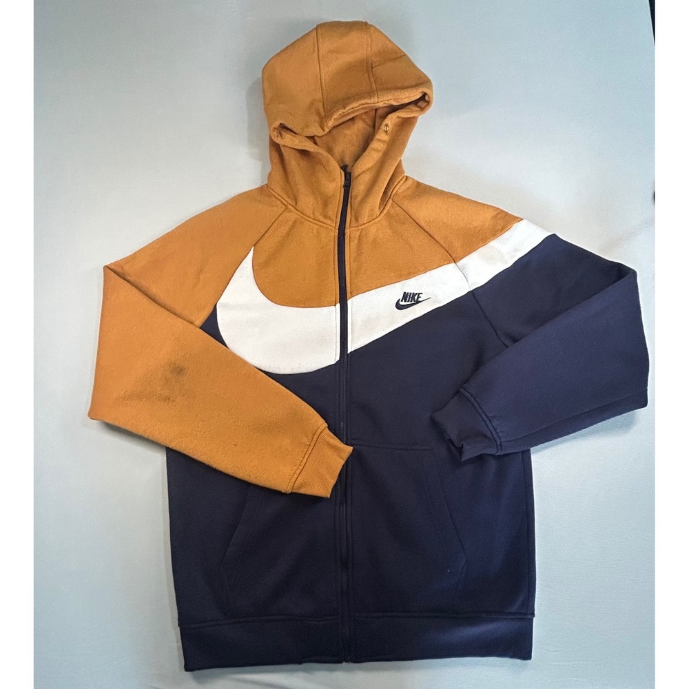 Nike Mens Big Swoosh Full Zip Hoodie Mustard Navy Blue White 2XL CJ4869-410